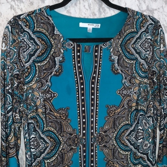 Studio One New York Long Sleeve Shift Dress Turquoise Paisley Print Size Small - Picture 5 of 9